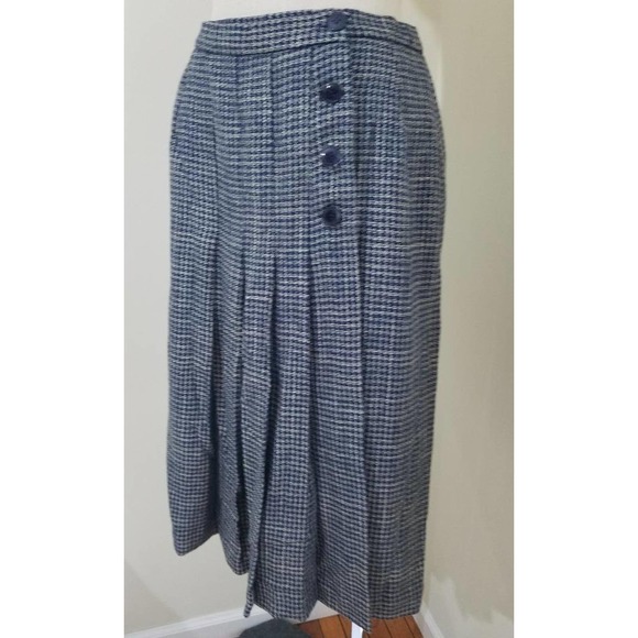 Weathervane Dresses & Skirts - Vintage Weathervane Wool Pleated Wrap Skirt Navy Blue Herringbone Midi Skirt 12